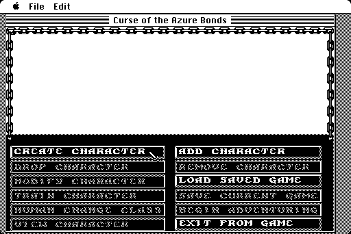 Curse of the Azure Bonds Macintosh Screenshot: Main menu; create a new character first?