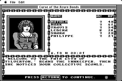 Curse of the Azure Bonds Macintosh Screenshot: Welcome to the inn...