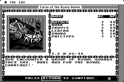 Curse of the Azure Bonds Macintosh Screenshot: The royal carriage arrives!