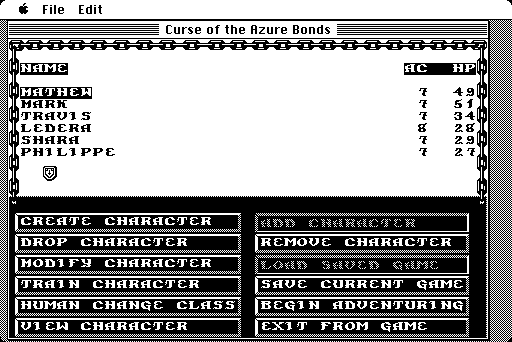 Curse of the Azure Bonds Macintosh Screenshot: You can train your characters at the training grounds.