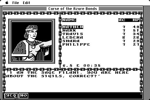 Curse of the Azure Bonds Macintosh Screenshot: Am I here about the Sigils?