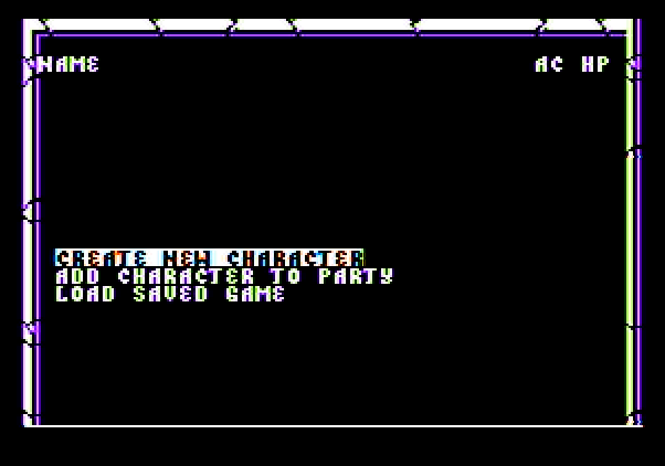 Curse of the Azure Bonds Apple II Screenshot: Create a new character, or load a saved game?