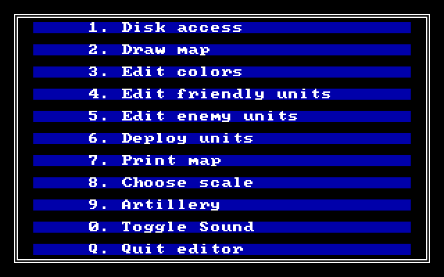 Wargame Construction Set IBM PC/Compatibles Screenshot: The editor menu.