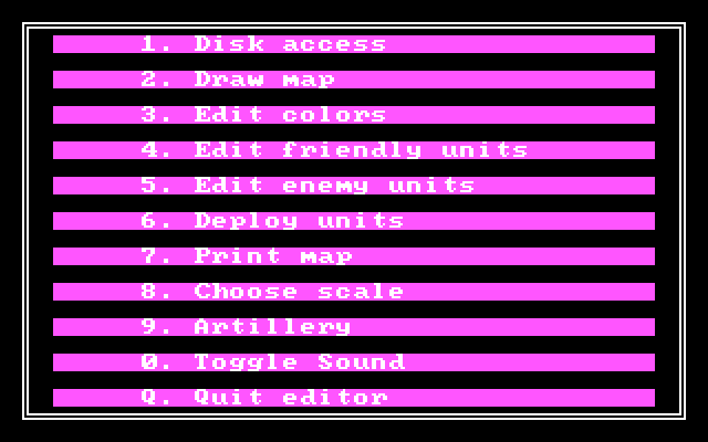 Wargame Construction Set IBM PC/Compatibles Screenshot: The editor menu.