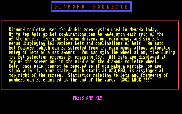 Vegas Games IBM PC/Compatibles Screenshot: Diamond Roulette: instructions.