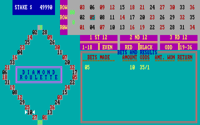 Vegas Games IBM PC/Compatibles Screenshot: Diamond Roulette: Made a bet, and the wheel spins.