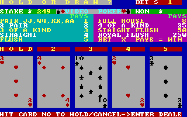 Vegas Games IBM PC/Compatibles Screenshot: Video Poker: here's your hand...