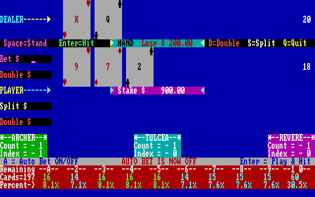Vegas Games IBM PC/Compatibles Screenshot: Video Blackjack: lost 200 dollars.