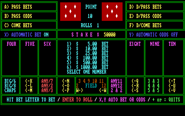 Vegas Games IBM PC/Compatibles Screenshot: Video Craps: you can choose to have the computer auto bet.