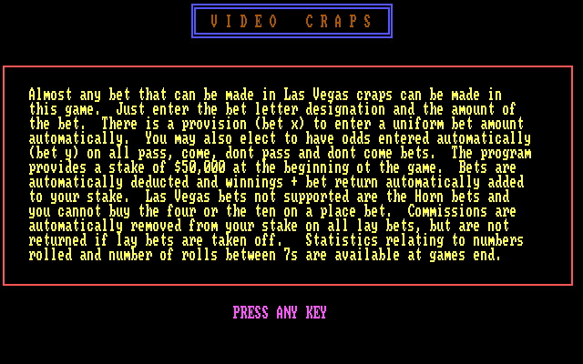 Vegas Games IBM PC/Compatibles Screenshot: Video Craps: instructions.