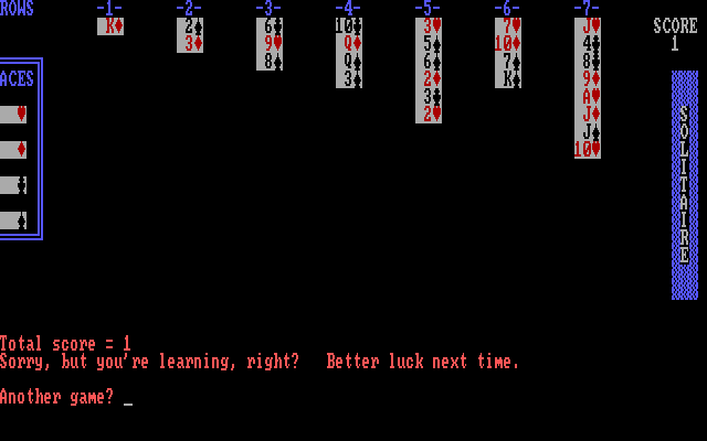Vegas Games IBM PC/Compatibles Screenshot: Solitaire: when you quit, the cards are shown to you.