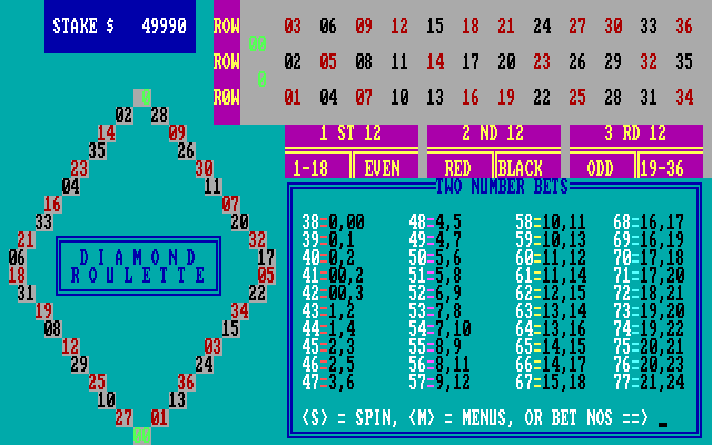 Vegas Games IBM PC/Compatibles Screenshot: Diamond Roulette: making a two number bet.