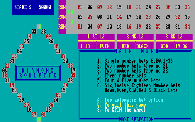 Vegas Games IBM PC/Compatibles Screenshot: Diamond Roulette: starting a game.