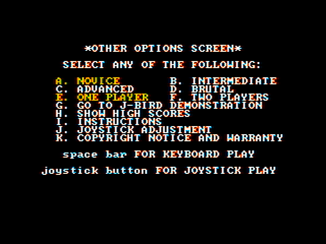 J-Bird IBM PC/Compatibles Screenshot: Additional game options.
