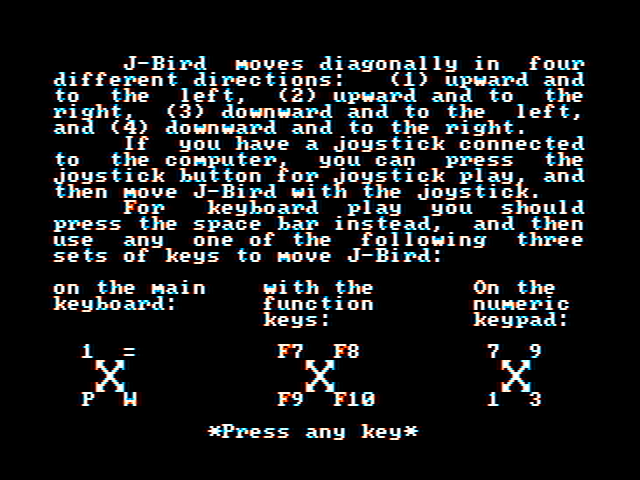 J-Bird IBM PC/Compatibles Screenshot: Game instructions, part 2.