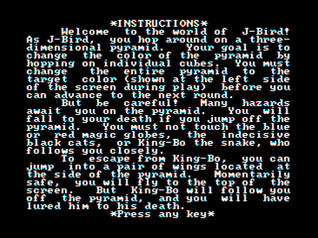 J-Bird IBM PC/Compatibles Screenshot: Game instructions, part 1.