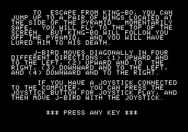 J-Bird Apple II Screenshot: Game instructions, part 2.