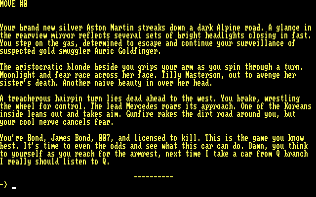 James Bond 007: Goldfinger IBM PC/Compatibles Screenshot: The game begins in the middle of a car chase...