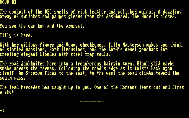 James Bond 007: Goldfinger IBM PC/Compatibles Screenshot: The Mercedes is catching up, and someone is shooting at me!
