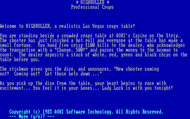 Highroller: Professional Craps IBM PC/Compatibles Screenshot: Game introduction.