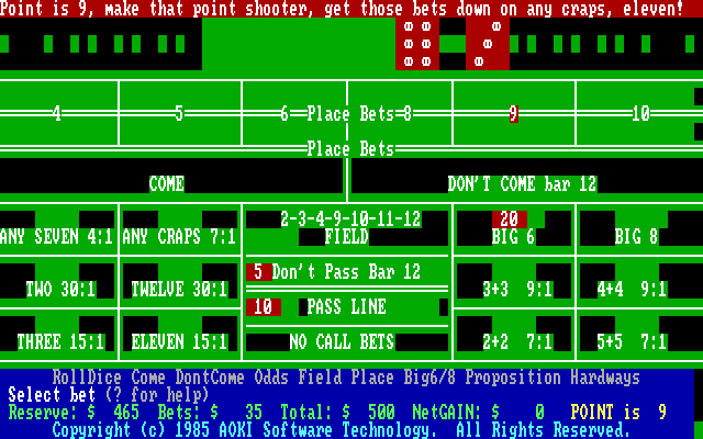 Highroller: Professional Craps IBM PC/Compatibles Screenshot: Outcome of the dice roll.