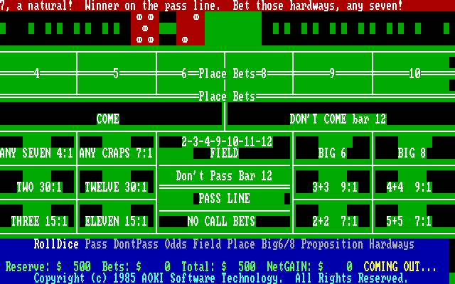 Highroller: Professional Craps IBM PC/Compatibles Screenshot: Rolling the dice.