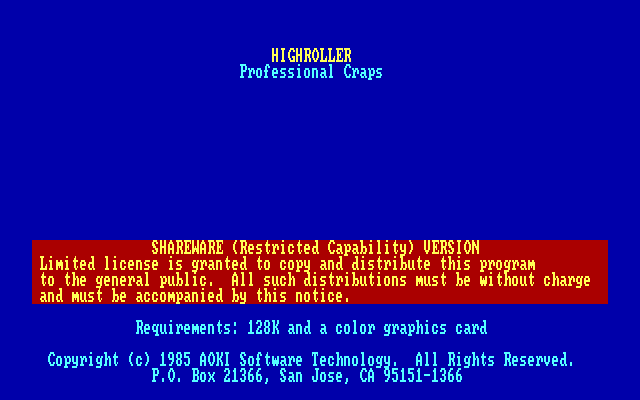 Highroller: Professional Craps IBM PC/Compatibles Screenshot: Title screen.