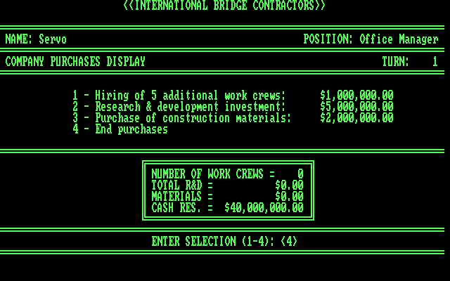 International Bridge Contractors IBM PC/Compatibles Screenshot: Make your purchases here...