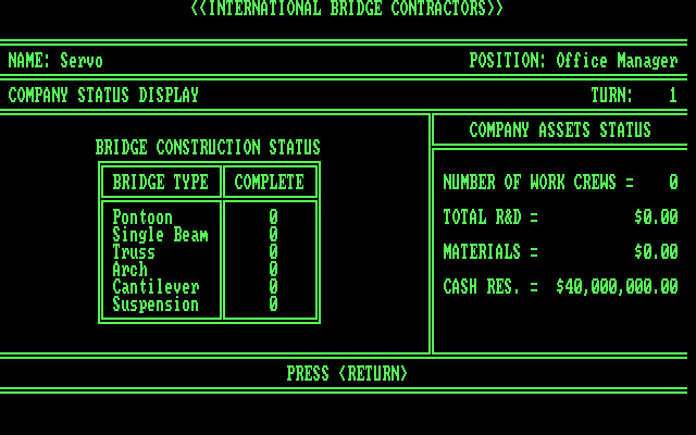 International Bridge Contractors IBM PC/Compatibles Screenshot: Player one start.
