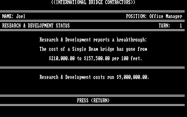 International Bridge Contractors IBM PC/Compatibles Screenshot: A research & development breakthrough!