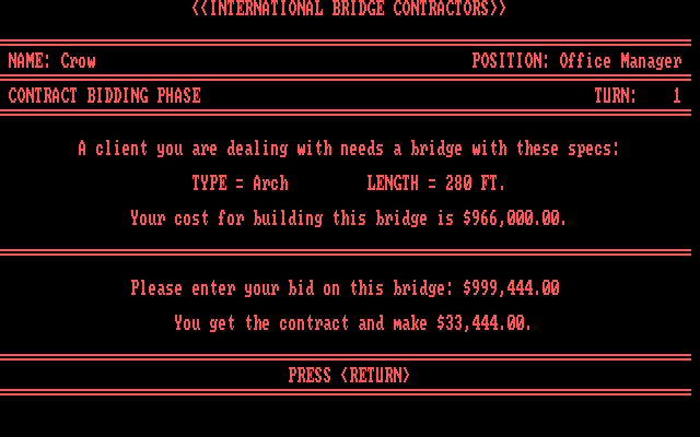 International Bridge Contractors IBM PC/Compatibles Screenshot: Player wins the contract, and makes some money...