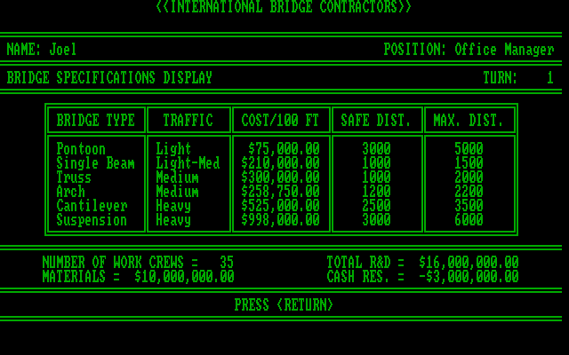 International Bridge Contractors IBM PC/Compatibles Screenshot: Bridge specifications display.