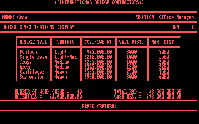 International Bridge Contractors IBM PC/Compatibles Screenshot: Bridge specifications display.