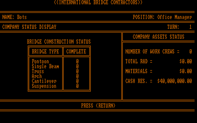 International Bridge Contractors IBM PC/Compatibles Screenshot: Each player can choose a different color for the text.