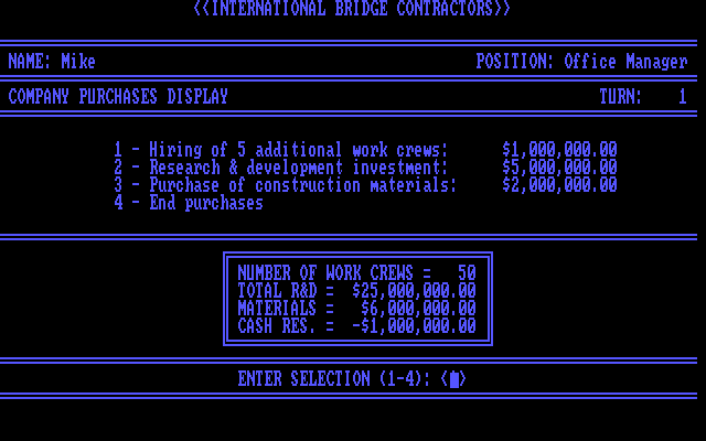 International Bridge Contractors IBM PC/Compatibles Screenshot: You can take a chance and spend more money than you have on resources.