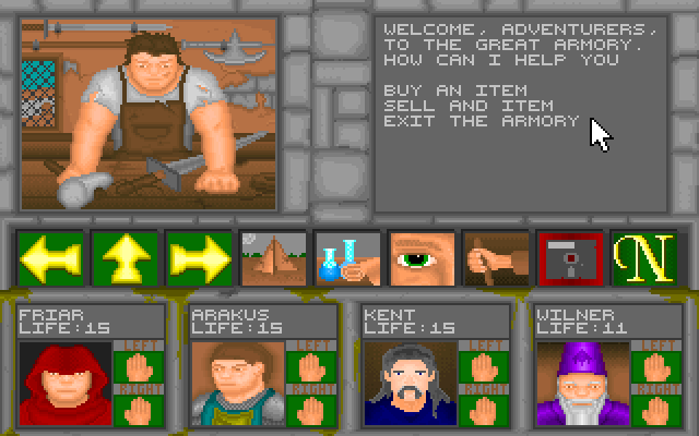 Ancients 1: Death Watch IBM PC/Compatibles Screenshot: Be sure to buy some weapons for your adventure.