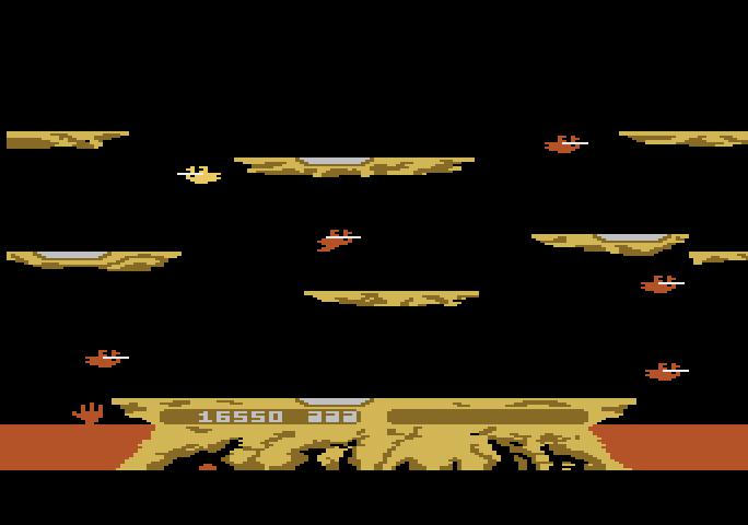 Joust Atari 5200 Screenshot: Don't fall into the lava once the bridge is gone!