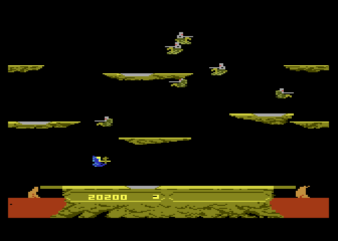 Joust Atari 7800 Screenshot: The silver riders are more difficult to defeat than the red ones.