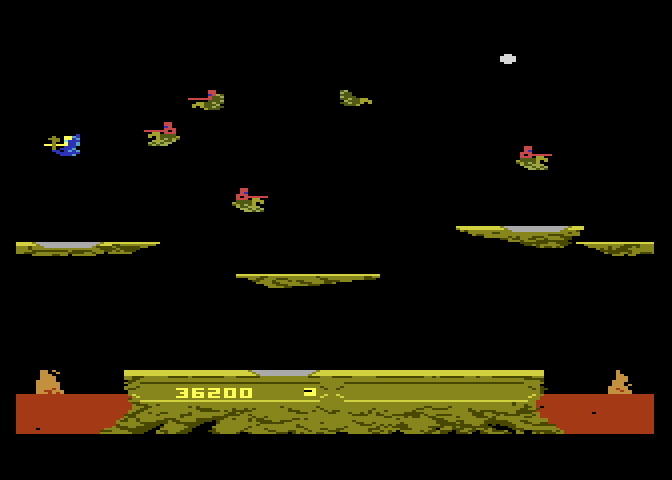 Joust Atari 7800 Screenshot: Some of the platforms disappear in later levels...