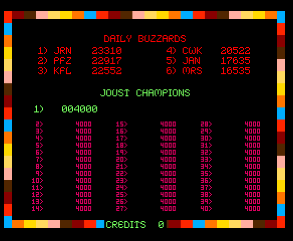 Joust Arcade Screenshot: Attract mode; high scores.