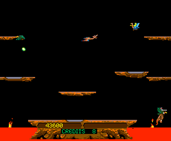 Joust Arcade Screenshot: The (unbeatable?) pterodactyl is a tough and fast opponent!