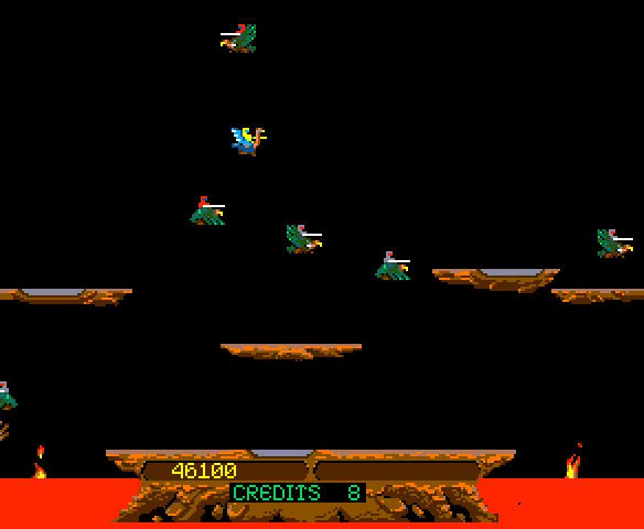 Joust Arcade Screenshot: Some rounds have fewer platforms in your way...