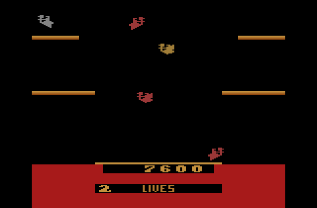 Joust Atari 2600 Screenshot: The bridge is now gone meaning players can accidentally fall into the lava!