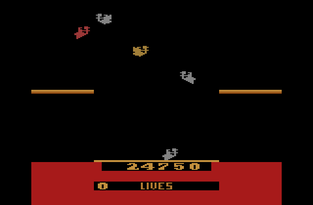 Joust Atari 2600 Screenshot: The grey buzzards are tougher opponents than the red ones...