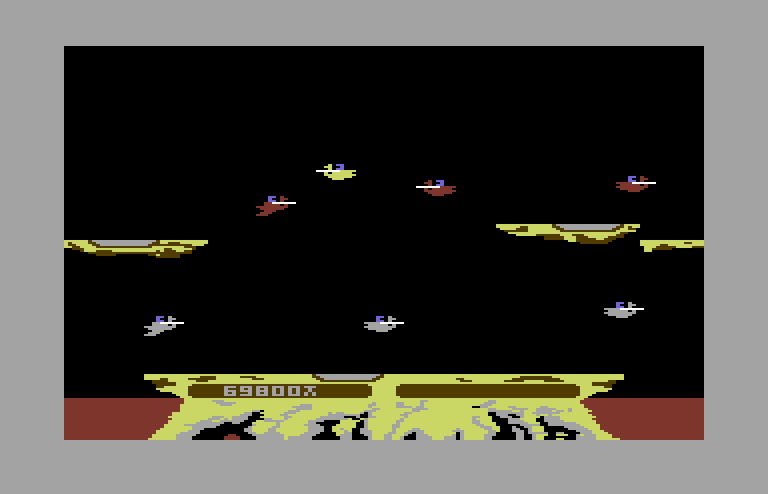 Joust Commodore 64 Screenshot: The grey colored opponents are tougher than the red ones.