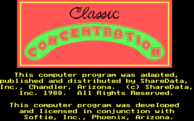 Classic Concentration IBM PC/Compatibles Screenshot: Secondary title screen