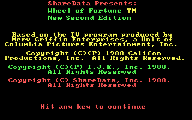 Wheel of Fortune: New Second Edition IBM PC/Compatibles Screenshot: Copyright screen.