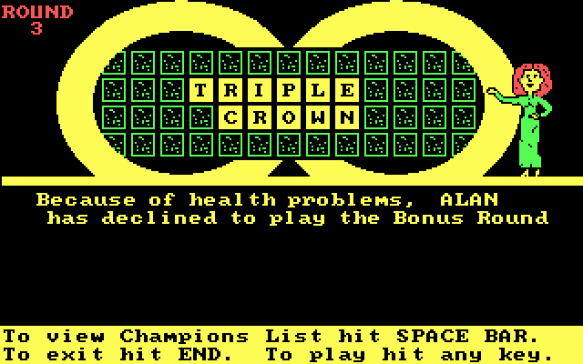 Wheel of Fortune: New Second Edition IBM PC/Compatibles Screenshot: Computer players always decline the bonus round for one reason or another...