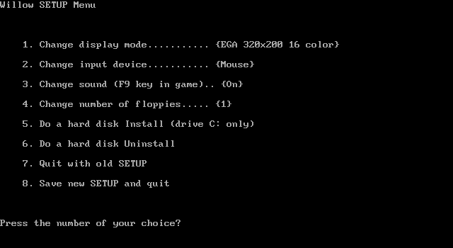 Willow IBM PC/Compatibles Screenshot: Setting game options.