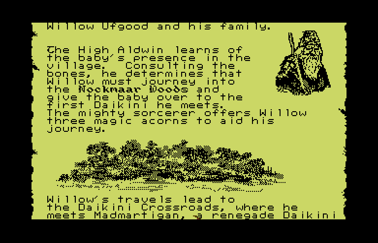 Willow Commodore 64 Screenshot: Click on the bold words to practice that part of the game.